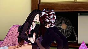 tanjiro and nezuko in demon slayer hentai with big tits and blowjob