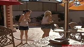 outdoor lesbian threesome with a double dildo and teen 18+s