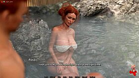 Intense threesome in public onsen with strangers exposes big tits.