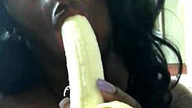 ebony milf gags on big cock deepthroat while sucking banana