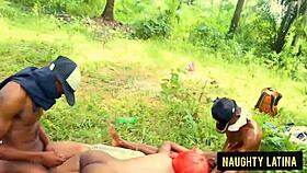 Horny ebony latina milf takes two huge black cocks doggystyle outdoors for creampie