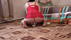 Hot milf with beautiful ass jumps on big dildo and fucks her anal intensely at home