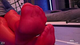 Teasing toes wiggle seductively in red shiny pantyhose.