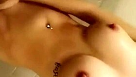 slutty girl with big boobs squirts while masturbating huge dildo in the shower 😈