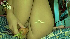 asian amateur uses fingers and carrot vibrator for solo play in homemade close-up.