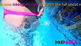 tattooed step-sister fucked in the family pool, so public and outdoor.