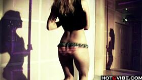 Hot blonde rips clothes, fingers herself on stripper pole with toys