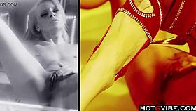 Hot blonde rips clothes, fingers herself on stripper pole with toys