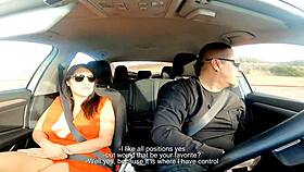 latina milf couple in car casting interview with dirty talk