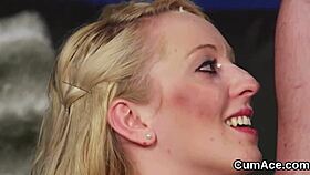 this hot beauty takes a blowbang, getting jizz all over her face and swallowing it all