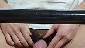 Asian Young 18+ Places Dick On Handle For Mechanical Massage.