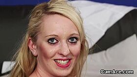 this hot beauty takes a blowbang, getting jizz all over her face and swallowing it all