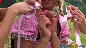 Lesbian milkmaids feel passionate in outdoor threeway!