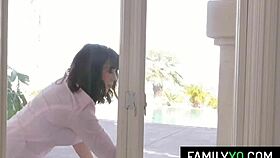 In a taboo stepfamily threesome, brunette teen 18+ engages in kinky blowjob and hardcore sex