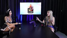 Blonde model poses in sheer red lingerie for presenter