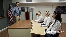 innocent good girls turn rogue in detention, getting banged by the teacher in a classroom gangbang