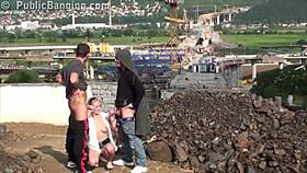 Young blonde cutie gangbanged outdoors!