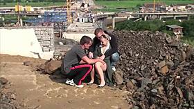 Young blonde cutie gangbanged outdoors!