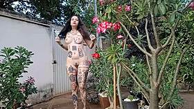 Tattooed Brunette with Big Tits Naked, Skinny Yet Huge Beaver on Display