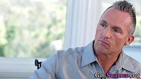 The stepdaughter engages in sixtynining with her partner, leading to a cum in mouth climax