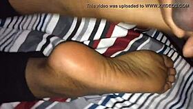 retro ebony footjob scene in classic blue film style