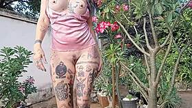 Tattooed Brunette with Big Tits Naked, Skinny Yet Huge Beaver on Display