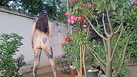 Tattooed Brunette with Big Tits Naked, Skinny Yet Huge Beaver on Display