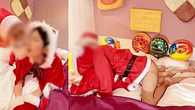 Amateur couple in Santa cosplay enjoys toy play and dirty talk on Christmas.