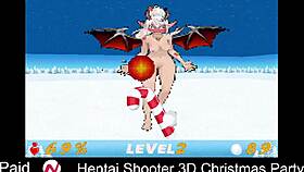 Enjoying retro hentai shooter at 3D Christmas party with big tits