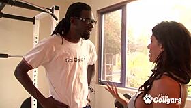 Leena Sky takes trainer's black cock deep in sweaty pussy