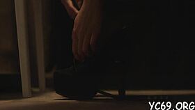 stunner in nylons competes in rough sex game with blowjob and cum