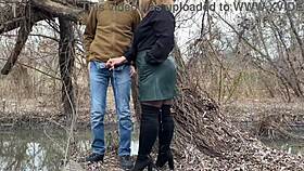 Squeezing my stepmother-in-law's fat ass in leather skirt before outdoor relief