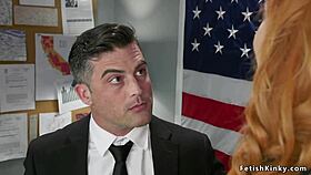 Busty redhead anal fucks fed agent with strapon