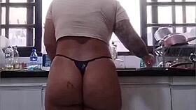 I'm washing dishes in panties at father-in-law's house, flashing big ass.
