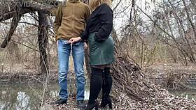 Squeezing my stepmother-in-law's fat ass in leather skirt before outdoor relief