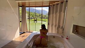 I'm suckin' that latina brunette babe's deepthroat in lake house hydromassage!