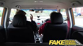 fake driving student’s shaven pussy squirts during spunk shower