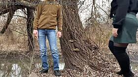 Squeezing my stepmother-in-law's fat ass in leather skirt before outdoor relief