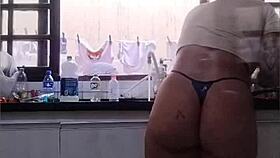 I'm washing dishes in panties at father-in-law's house, flashing big ass.