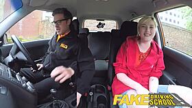 fake driving student’s shaven pussy squirts during spunk shower