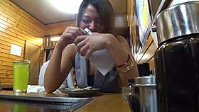 Asian girl gives blowjob and gets fucked with big tits