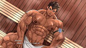 Muscular man gives blowjob to young guy in sauna