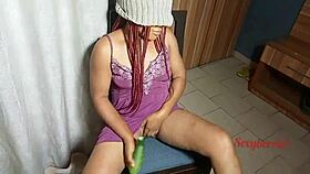 Enjoying cucumbers with natural tits and narrow ass