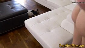 Blonde newbie tries sucking cock and handjob for first time