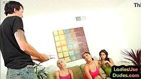 Dominas peg sissy with strapon and make him suck cock.