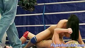 Glamour babes wrestle and lick shaved pussies