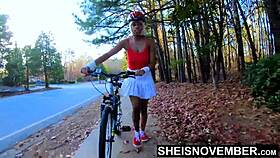 4k Msnovember BACK BROKE Arching Juicy Butt ROUGH PRONE BONED. After Bike Ride, Upskirt Ebony Pussy Play in Red Silk.