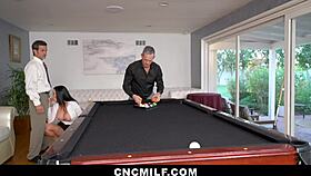 Rich brats hire milf for licking and riding.