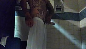 Is this tattooed white dick in the shower stroking too much?