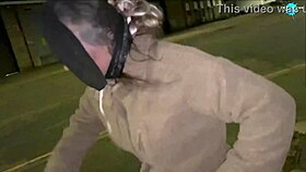 Watch this mature street whore shoving items into her shaved pussy on the run